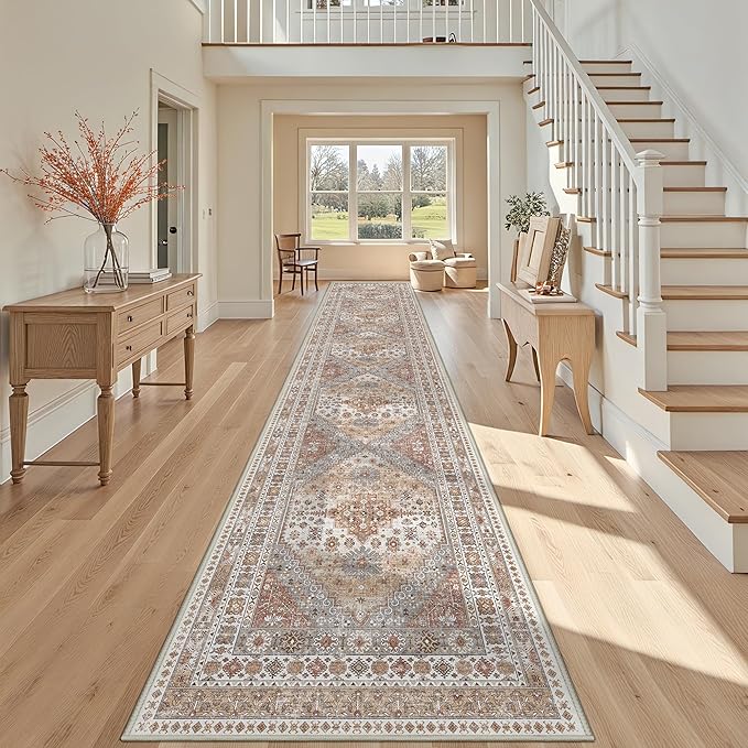 3x16 Runner Rug for Hallway, Non-Slip Long Kitchen Mats for Floor, Vintage Washable Rug for Entryway, Soft Hallway Runner for Dining Room, Bedroom, Living Room(Orange,3'x16')