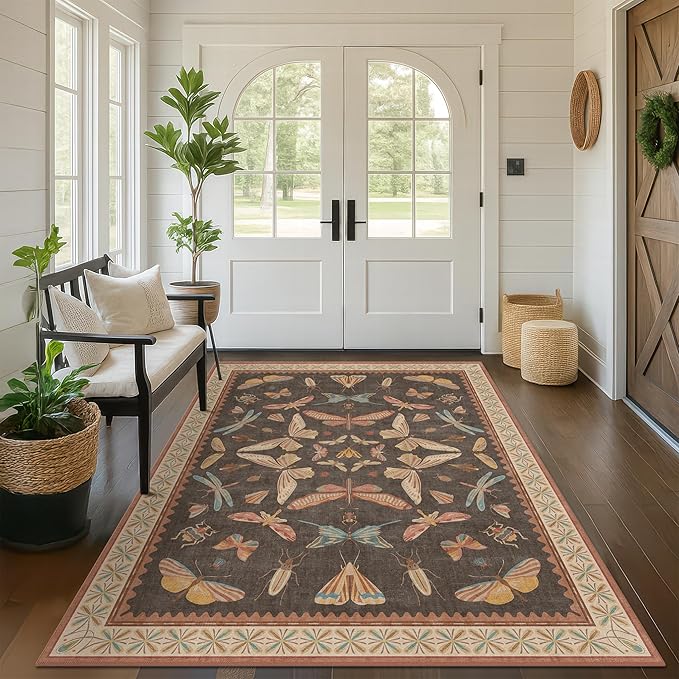 Washable Living Room Area Rug 5x7, Ultra Soft Carpet for Bedroom, Dining Room, Vintage Farmhouse Home Décor, Low Pile Non Slip Stain Resistant Rug (Brown & Orange)