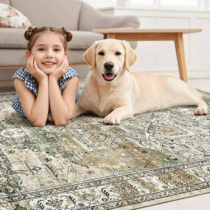 Soalmost Washable Area Rug 8x10, Large Soft Rugs for Living Room Farmhouse Vintage Area Rugs for Bedroom Dining Room Non-Slip Stain Resistant Under Table Rug Olive Beige