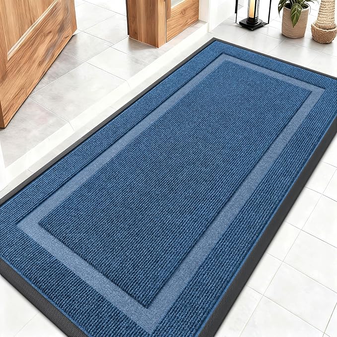 OLANLY Front Door Mat Indoor Outdoor Entrance, Waterproof All-Season, All-Weather Doormat, Sturdy Natural Rubber, Fade Resistant, Low Profile, Easy Clean Patio Porch Entryway Mat, 47x23, Light Blue