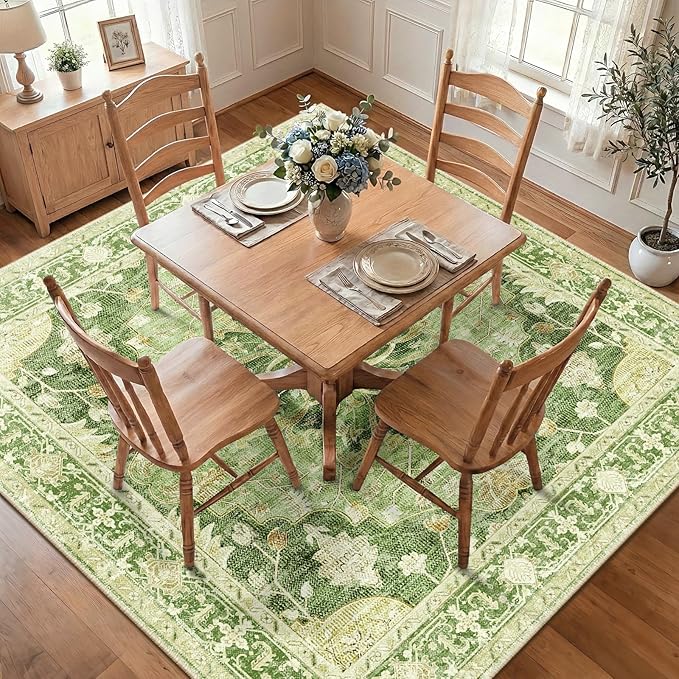 RELEANY Area Rugs Square 7ft Washable Non-Slip, Floral Vintage Distress Print Pattern Medallion Carpet for Living Room Bedroom Dining Room, Sage Green Yellow
