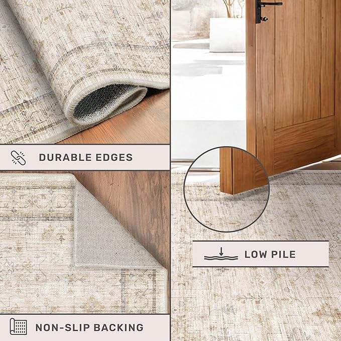 Beige Cream 2x10 Long Hallway Runner Rug, Non Slip Farmhouse Kitchen Rugs Washable, Geometric Floral Modern Entryway Floor Mats, Non Skid with Rubber Backing, Low Pile & Soft Carpet