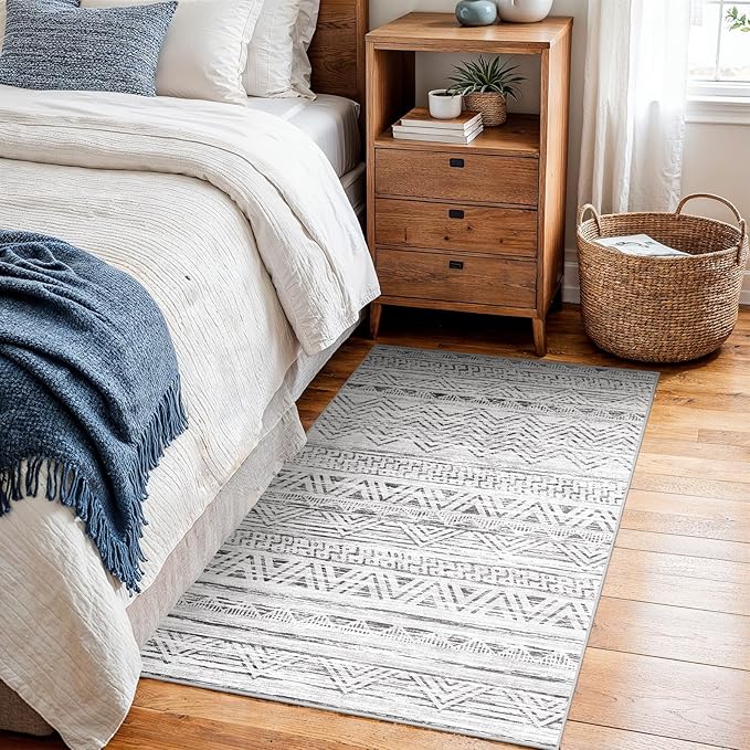 2x3 Washable Entryway Area Rug: Moroccan Small Runner Rug for Hallway Soft Modern Non Slip Door Mat with Rubber Backing Low Pile Thin Floor Carpet for Kitchen Bathroom Bedroom Indoor(Grey,2x3)