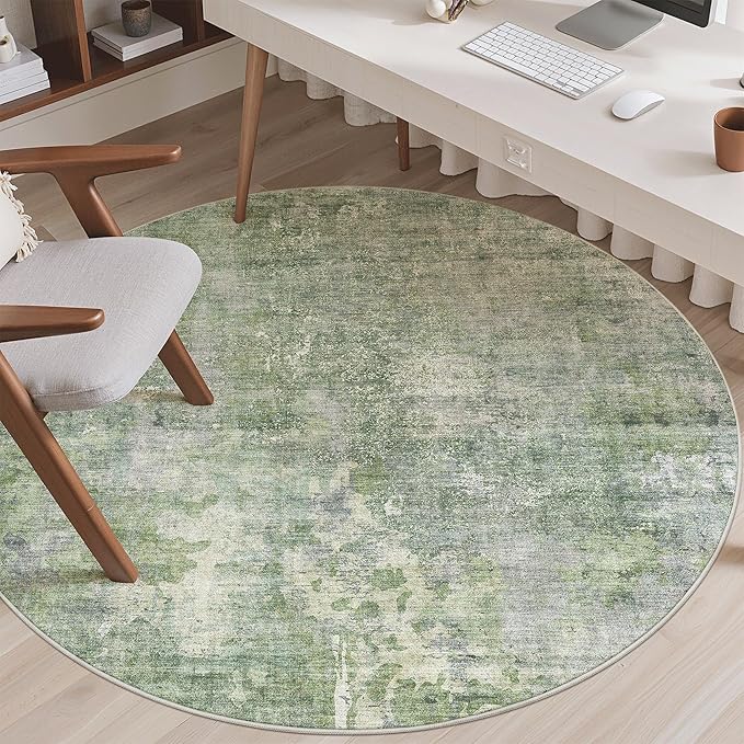 6x6 Green/Ivory Round Rug 6ft Living Room Circle Rug Vintage Round Area Rug Non Slip Indoor Carpet for Dining Room Bedroom