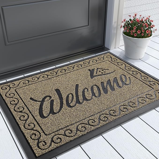 Yimobra Welcome Front Door Mat, Heavy Duty Easy Clean Doormat Indoor Outdoor, Waterproof Quick Dry Floor Mat for Home, Garage, Hign Traffic Areas, Non Slip, Low Profile, 29.5X17 Inches, Beige Brown