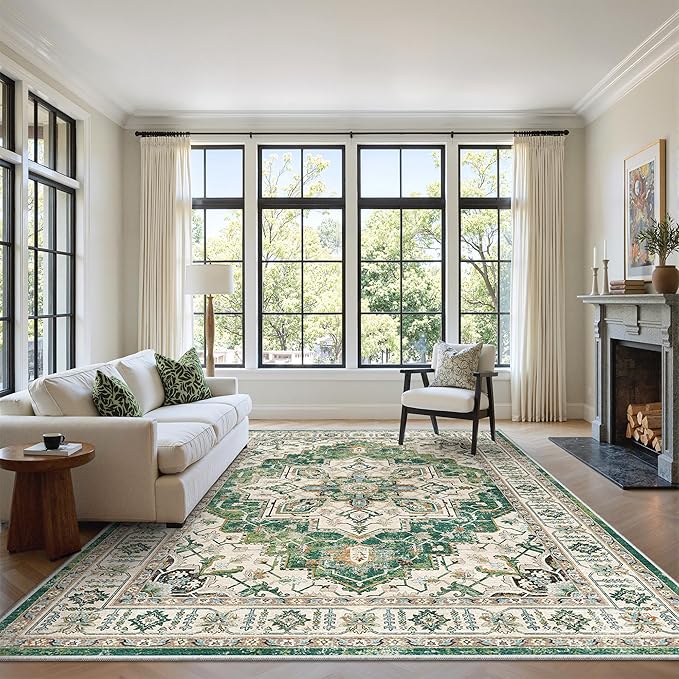 zesthome 6x9 Area Rugs, Machine Washable Rugs for Living Room, Bedroom,Stain Resistant Vintage Large Area Rug,Non-Slip Medallion Pattern Home Decor Rugs (Green,6'x9')