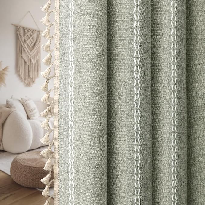 Boho Blackout Curtains 63 Inches Long Sage Green Linen Blend 2 Panels with Tassels and Cotton Embroidery, Farmhouse Vintage Rustic Rod Pocket Drapes for Living Room or Bedroom