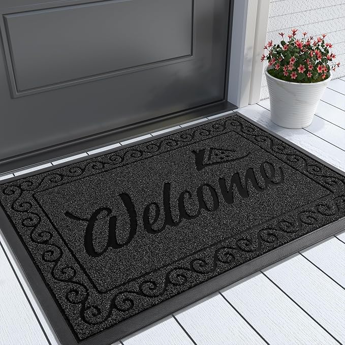 Yimobra Welcome Mat, Heavy Duty Durable Door Mats for Home Entrance Outdoor Indoor, Front Doormat for Outside Patio Floor Entry Porch Garage Office, Waterproof, Low Profile, 29.5 x 17, Black