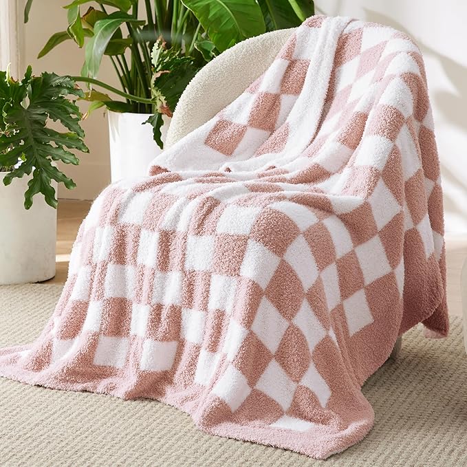 Bedsure GentleSoft Pink Checkered Throw Blanket for Couch - Soft Cozy Fluffy Blanket, Lightweight Warm Knit All Season Plaid Blankets for Bed Sofa, Birthday, for Women, 50x60 Inches