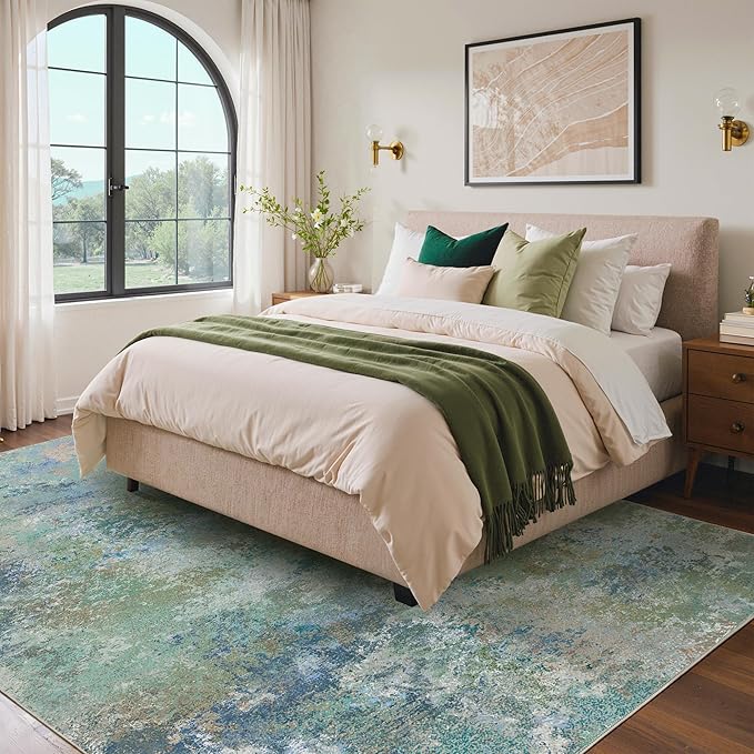 Area Rugs 8x10 for Living Room Bedroom, Modern Abstract Machine Washable Rug, Large Soft Low Pile Floor Carpet with Non Slip Backing for Dining Room, Blue Green