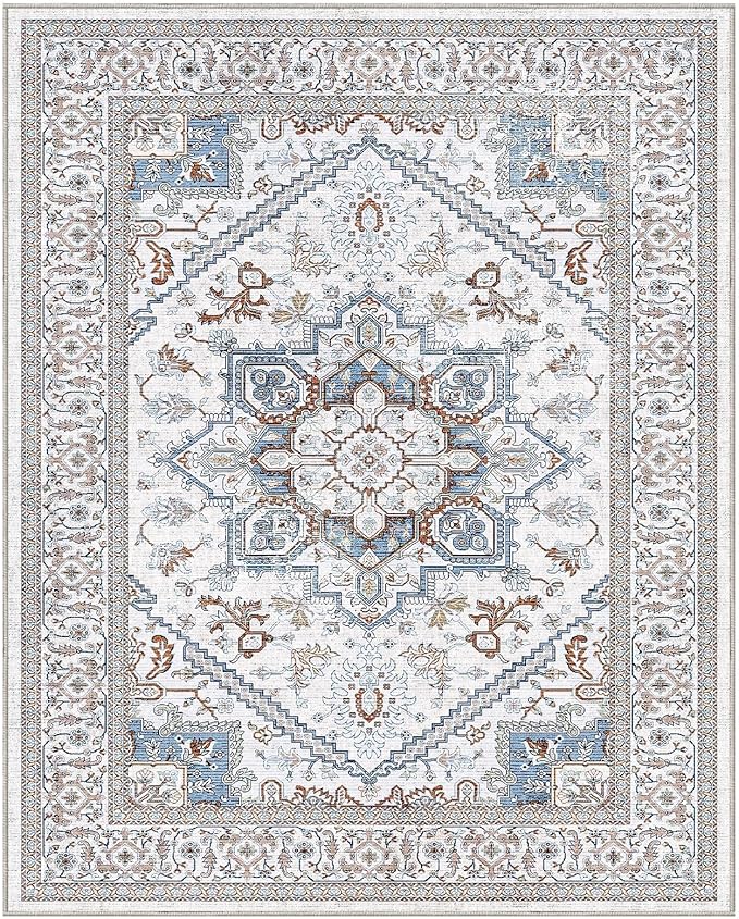 OPPODREAM Soft 8x10 Area Rugs, Washable Rugs 8x10 with Non Slip Backing, Faux Cashmere Low-Pile 8 x 10 Carpet, Cream White & Blue & Light Brown