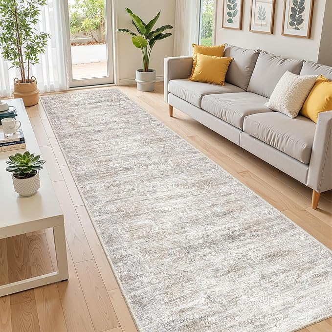 Long Hallway Runner Rug- Carpet Runners for Hallway 12ft, Anti Slip Backing Washable Rug Runner for Entrance, Living Room, Soft Low Pile Modern Rug Runner(2'x12', Brown/Grey/Ivory)