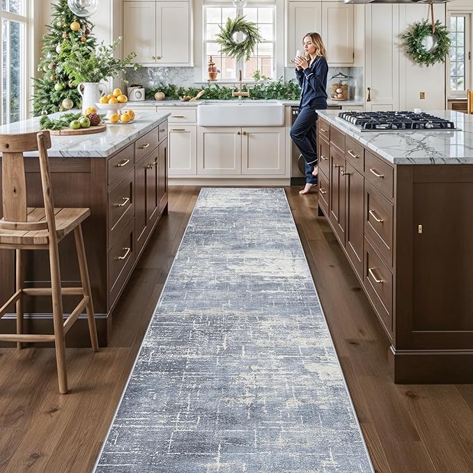 Washable Abstract 14ft Runner Rug: Non-Slip Low-Pile Rug Runner Soft Beside Carpet Indoor Farmhouse Entryway Floor Mat Bathroom Living Room Stain Resistant Area Rugs Cozy Home Decor(2'6x14,Blue/ivory)