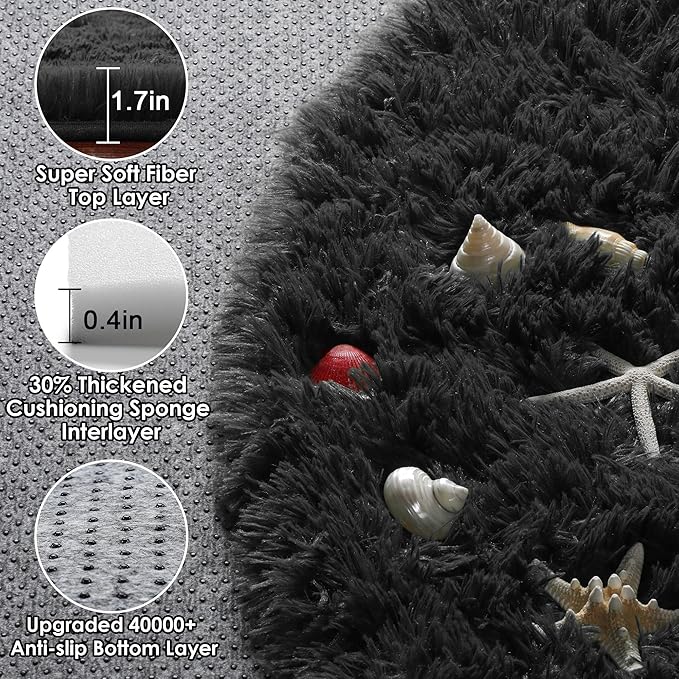 ONASAR Black Round Area Rugs 6ft, Ultra Soft Bedroom Circle Rug for Kids Girls Boys Teen Room, Fluffy Plush Shaggy Carpet Floor Mats for Baby Nursery Living Room Playroom Dorm Home Decor