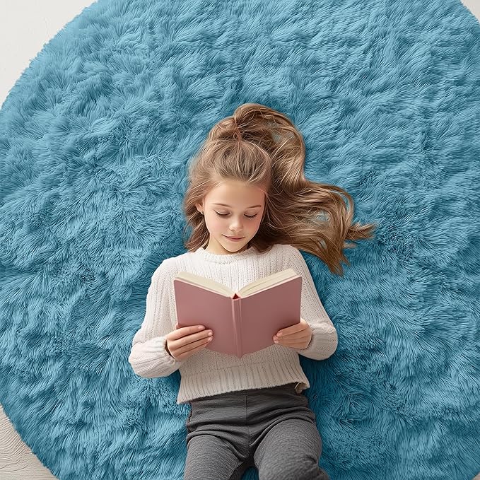 OLANLY Slate Blue Round Rugs for Bedroom - Machine Washable, 5 ft Circle Area Rugs for Living Room, Soft and Fluffy Shaggy Carpet for Teen Girl and Boys, Nursery Rooms, Dorms, Home Decor Aesthetic