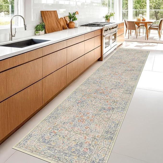 Hazo Haus Washable Beige Blue 2x10 Runner Rug for Hallway Kitchen Mudroom, Non-Slip Stain Resistant Extra Long Floor Mat 10 ft - Vintage Floral Aethestic Decor