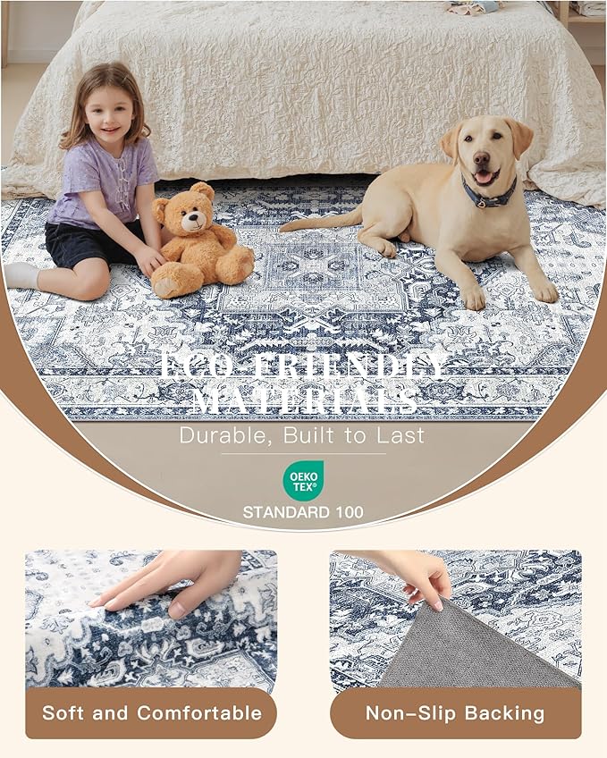 Madane Washable Runner Rug - 2x8 Runners for Hallways Kitchen Non-Slip Runner Rugs Ultra-Thin Laundry Room Rug Throw Carpet Runner for Entrance Living Dinning Room Foyer (Navy/White, 2 x 8)