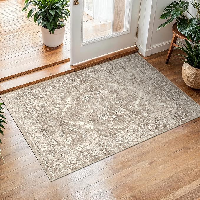 2x3 Entryway Area Rug Washable - Neutral Small Entry Rug Kitchen Rug Runner Vintage Soft Floor Mat Non Slip Indoor Farmhouse Carpet for Bedroom Bathroom Living Room (Beige)