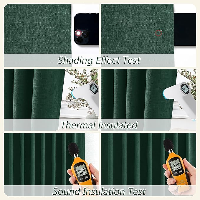 Guken Dark Green 100% Blackout Linen Curtains 84 Inch Length 2 Panels Set for Living Room Back Tab Thermal Insulated Black Out Drapes Room Darkening Farmhouse Style for Bedroom Curtains 52x84
