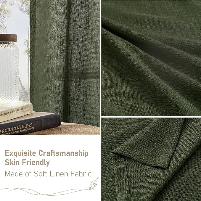 LAMIT Olive Green Linen Window Curtains 30 Inches Long 2 Panels, Semi Sheer Light Filtering Panels Back Tab and Rod Pocket Christmas Drapes for Basement/Small Windows, 34 x 30 Inch