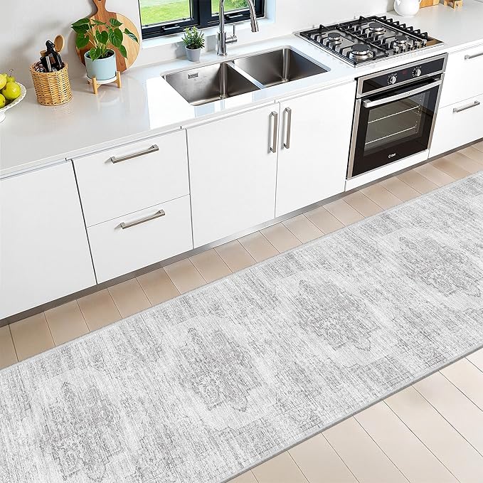 2x10 Runner Rug, Long Hallway Rugs for Dining Room, Living Room, Bedroom, Machine Washable Kitchen Carpet Runner with Rubber Backing, Soft Low Pile Indoor Rug(2'x10', Light Grey/White)