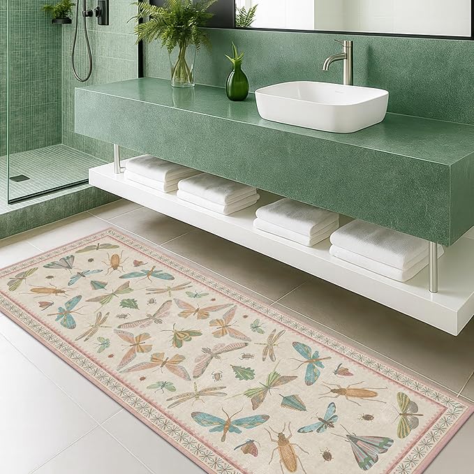 Hazo Haus Boho Bathroom Runners - 2x5 Pink Rug for Kitchen, Entry Way, Hallway, Non Slip Washable Butterfly Insect Print Home Decor