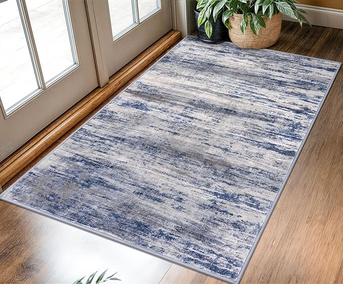 KOZYFLY Abstract Modern Washable 3x5 Area Rug Non-Slip Kitchen & Entryway Rug, Grey Blue Throw Rugs Indoor Mat for High-Traffic Door Entrance, Laundry, Nursery, Soft Bedroom Living Room Accent