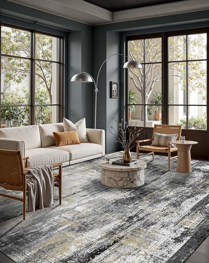 Latte&Fog 6x9 Area Rugs for Living Room Bedroom, Black Modern Abstract Neutral Washable Rug, Boho Non Slip Low Pile Carpet for Dining Room, Dorm,Classroom,College Dorm and Farmhouse - Black Gold