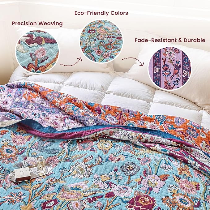 MSGKV Boho Throw Blanket for Bed 60"x80" 100% Cotton Couch Twin Size Floral Bird Blanket Spring Breathable Lightweigh Muslin Home Decorative Blankets