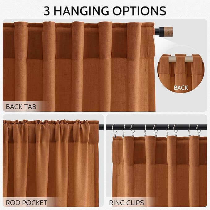 Desert Orange Semi Sheer Curtains 120 Inches Set Back Tab Loop Pocket Linen Blend Boho Curtain Extra Long Light Filtering Drapes High Ceiling Curtain Living Room Dinner Room 52x120,2 Panels