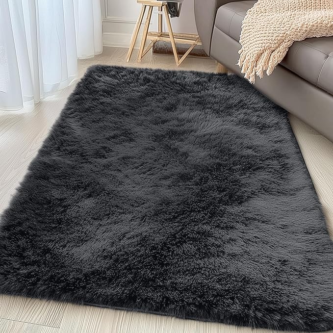 OLANLY 4x4 Machine Washable Accent Rug, Soft Fluffy Shaggy Area Rug for Bedroom, Living Room, Indoor Floor Carpet for Kids, Nursery, Home Decor, Black