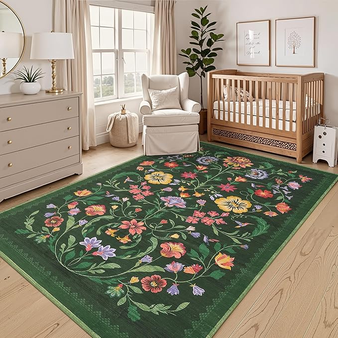 GarveeHome Washable Rug 3x5 Area Rugs for Living Room, Floral Rug for Bedroom, Soft Boho Non Slip Throw Rugs with Rubber Back, Low Pile Stain Resistant Vintage Floral Carpet for Dining Room, Green