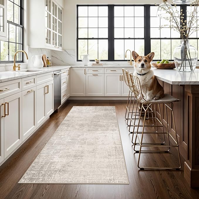 3x6 Washable Hallway Runner Rug: Abstract Stain Resistant Bathroom Kitchen Rug Farmhouse Ultra Soft Bedroom Entryway Print Floor Mat Thin Non-Slip Indoor Carpet for Living Room Laudry(3x6,Beige/Cream)