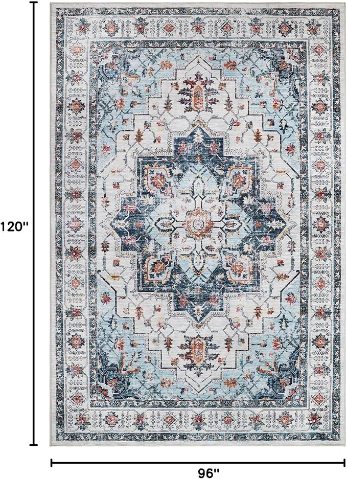 Madane Washable Rug 8x10 Area Rugs for Living Room, Ultra-Thin Non-Slip Backing Rug, Stain Resistant Vintage Large Area Rug for Bedroom (Blue, 8'x10')