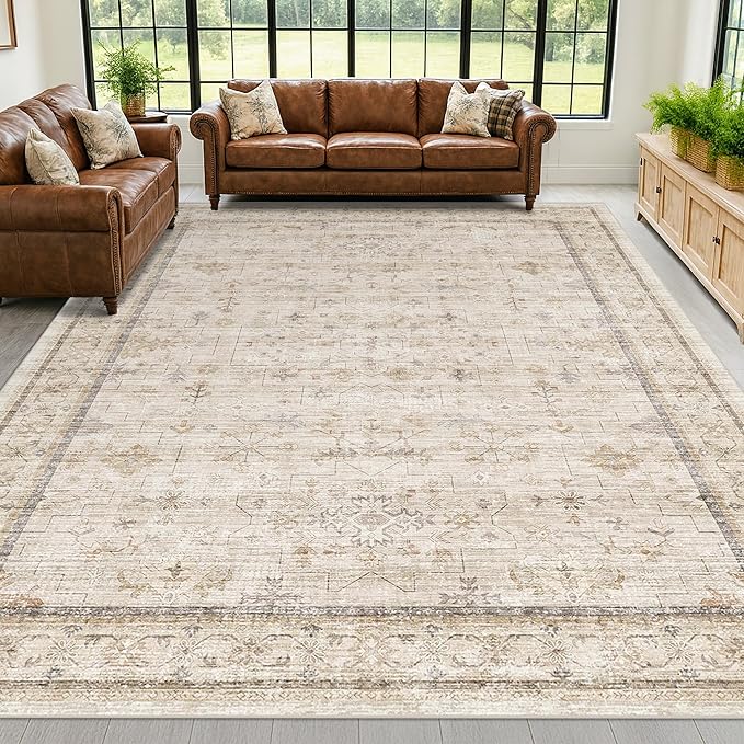 Washabel Lvory Modern Rugs for Living Room, 9x12 Low Pile Floral Carpet for Large Dining Room,Neutral Light Beige Foldable Area Rug for Bedroom, Farmhouse Geometric Pattern, Vintage Home Décor