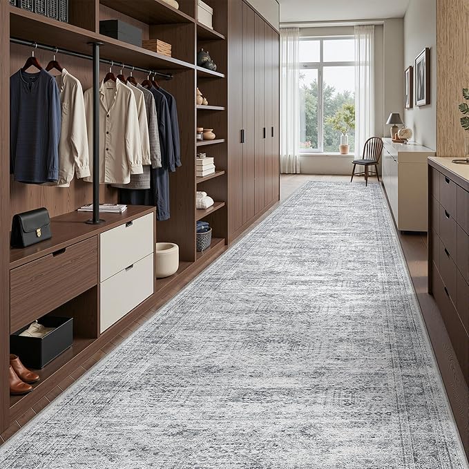3x14 Washable Runner Rug for Hallway, Non-Slip Long Hallway Runner for Entryway, Soft Vintage Kitchen Mats for Floor, Abstract Dining Room, Bedroom, Living Room Rugs(3'x14', Grey/Ivory)