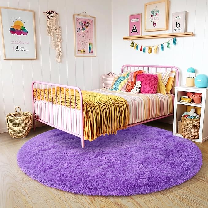 3'x3' Purple Round Rug for Bedroom, Ultra Soft Fluffy Circle Rug for Kids Girls Boys Room, Cute Small Shag Rugs for Living Room Playroom Teen Room Home Decor Rug