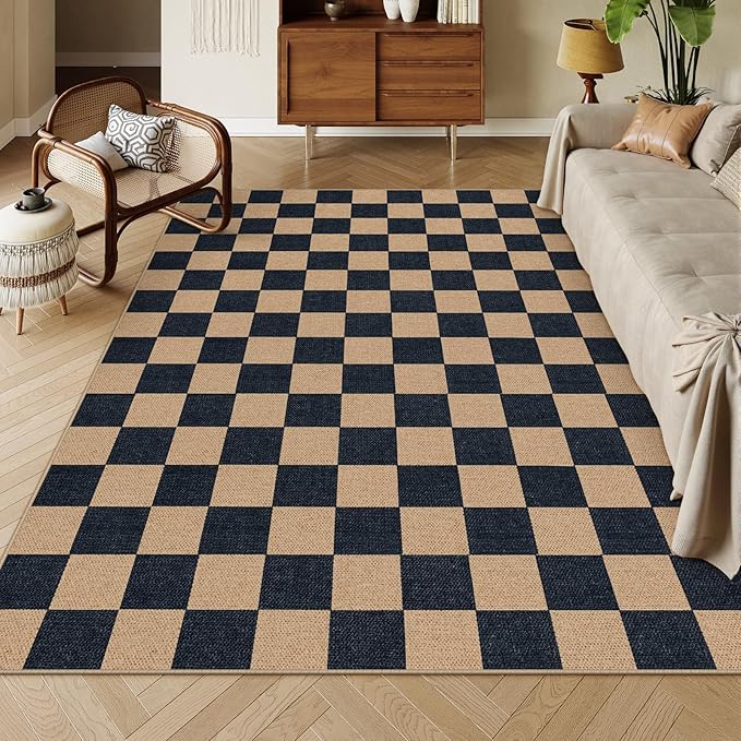 Lahome Colette Checkered Easy Jute Carpet, Washable Area Rug 6x9 Neutral Outdoor Patio Rug, Farmhouse Checkerboard Non Slip Non Shedding Floor Carpet for Dining Living Room Deck Sunroom