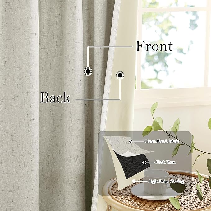 RYB HOME 100% Blackout Beige Linen Blackout Curtains, Thermal Insulated Privacy Protect Linen Blend Back Tab Window Curtains for Dining Room Sliding Glass Door, 52" W x 96" L, 2 Panels Set