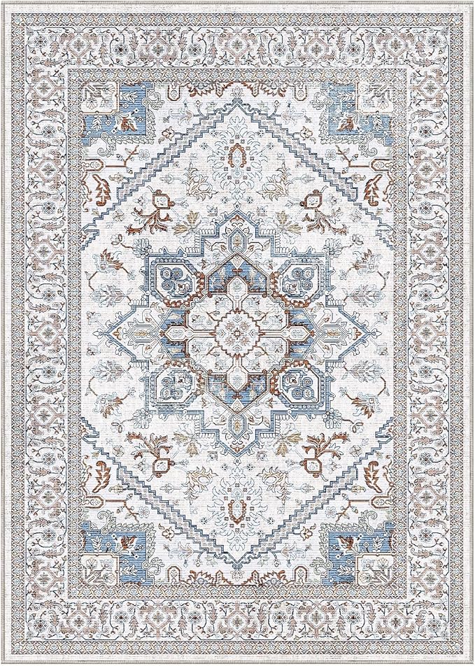 OPPODREAM Soft 10x14 Area Rugs, Neutral Washable Rugs 10x14 with Non Slip Backing, Low-Pile Faux Cashmere 10 x 14 Carpet, Cream White & Blue & Light Brown