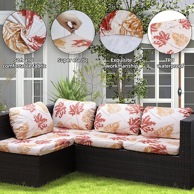 8Pcs Outdoor Cushion Covers, Patio Cushion Covers,Stretch Elastic Slipcovers, Replacement Washable & Reusable Furniture Protector for Patio Couch (Red Maple-Pattern,Cover Only)