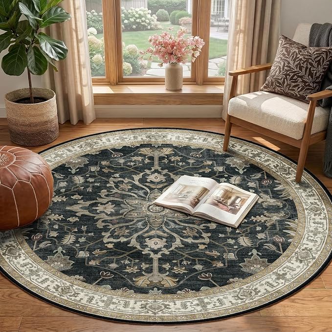 Area Rugs Round 4ft Washable Non-Slip, Floral Vintage Distress Print Pattern Medallion Carpet for Living Room Bedroom Dining Room, Vintage Black Brown Neutral