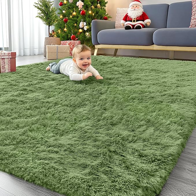 OLANLY 8x10 Machine Washable Large Area Rugs for Living Room, Bedroom, Soft Fluffy Shaggy Bedside Rug, Indoor Floor Carpet for Kids Girls and Boys, Dorms, Nursery, Home Decor Aesthetic, Green