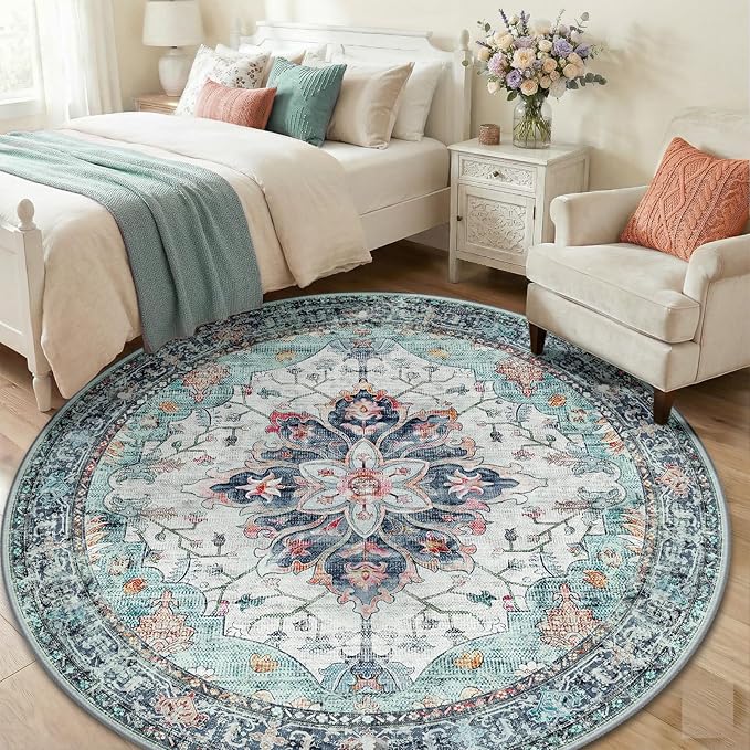Area Rugs 6ft Washable Non-Slip, Floral Vintage Distress Print Pattern Medallion Carpet for Living Room Bedroom Dining Room, Green Navy Blue White Red Teal Colorful