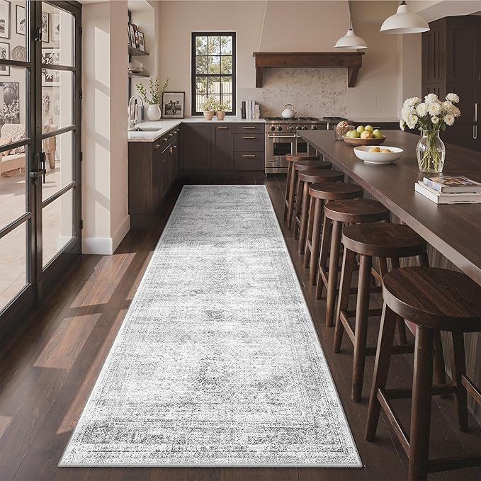 3x10 Runner Rug Non Slip Washable for Entryway, Vintage Hallway Runner for Front Porch, Laundry Room, Bedroom, Abstract Stain Resistant Thin Indoor Kitchen Mats for Floor(3'x10', Grey/Ivory)