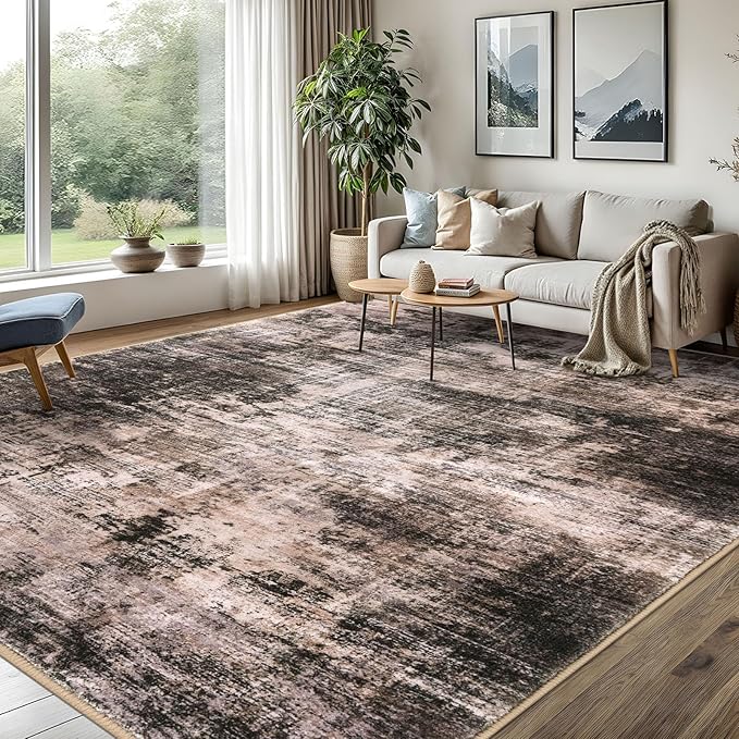 IOHOUZE Abstract Area Rugs 8x10 Ft Washable Large Rugs for Living Room, Non Slip Dining Room Rug, Printed Faux Wool Rugs for Bedroom, Floor Carpet for Office Nursery Playroom, Brown/Rust