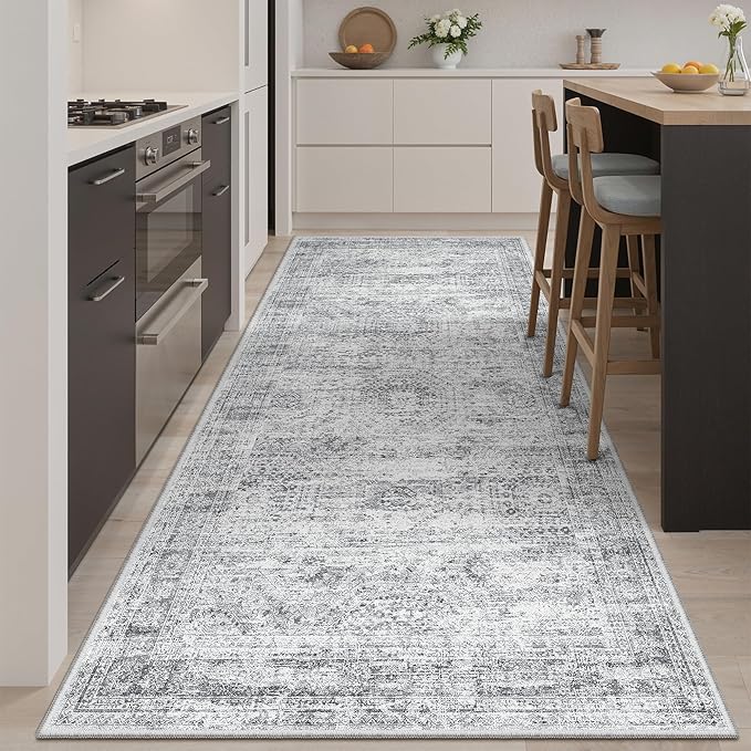 Hallway Runner Rug 4x8 Wide: Washable Thin Runners for Hallways Entry, Non Slip Soft Vintage Kitchen Area Rugs for Living Room Bedroom Dining Room Foyer (Grey, 4x8)