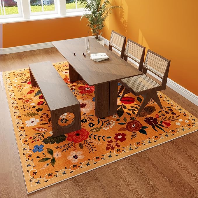 Rugcomf Living Room Rug 6x9 Rug Machine Washable Boho Area Rug Non Slip Floral Vintage Low Pile Large Rug for Living Room, Bedroom, Farmhouse, Dining Room, Kids Playroom(Yellow)