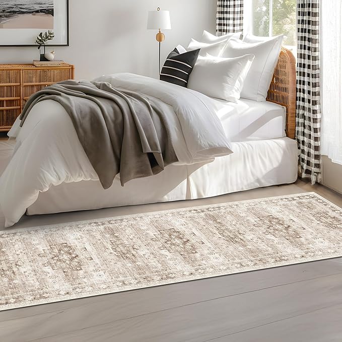 Hazo Haus Boho 2x7 Long Runner, Neutral Farmhouse Hallway Rug, Small Throw Runners for Bedroom, Bathroom, Kitchen, Vintage Floral Decor & Non-Slip Low-Pile Washable Stain Resistant, Latte Beige
