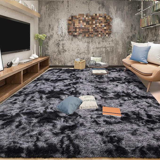 Tepook Area Rugs 10x14 for Living Room, Super Soft Fluffy Rugs for Bedroom, Modern Shaggy Rug Fuzzy Carpets for Kids, Plush Indoor Nursery Home Decor Rug with Non-Slip Bottom, Tie-Dyed Dark Grey